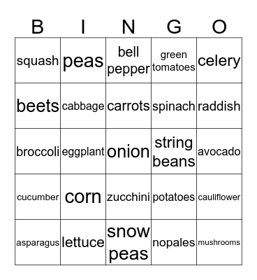 Vegetables Bingo Card