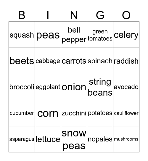 Vegetables Bingo Card