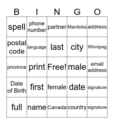 Personal Information Bingo Card