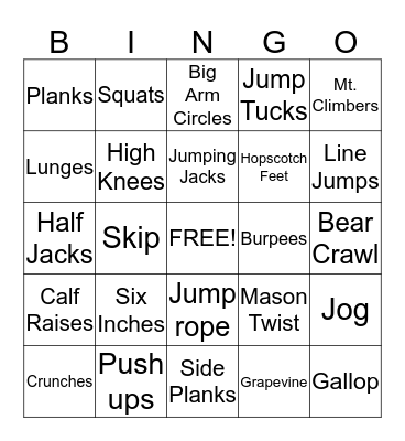 Fitness Bingo Card