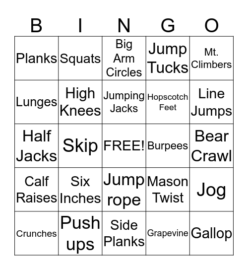 Fitness Bingo Card