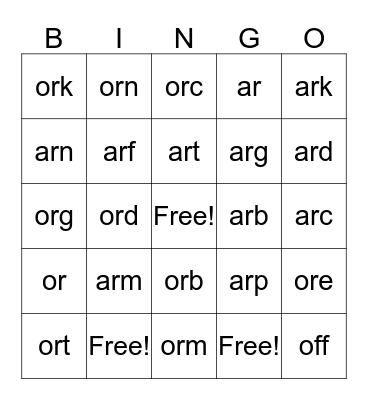 Initial vocalic /ar/ /or  Bingo Card
