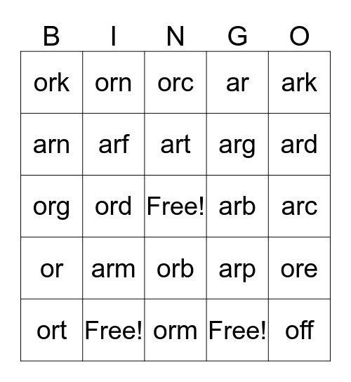 Initial vocalic /ar/ /or  Bingo Card