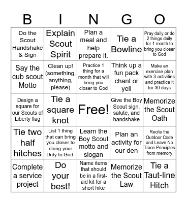 Webelo/Arrow of Light Scout Bingo Card