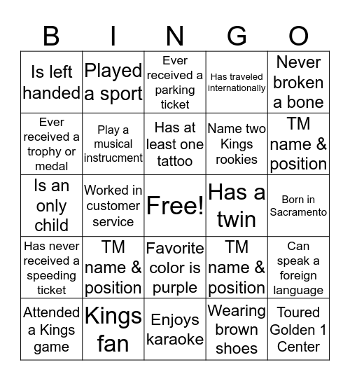Guest Services Bingo Card