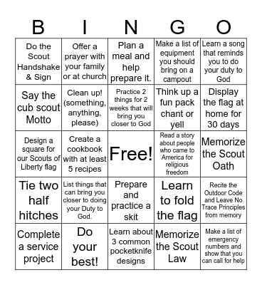 Pack 45 Wolf/Bear Bingo Card