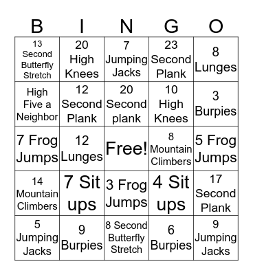 Exercise Fitness Activity Bingo Card