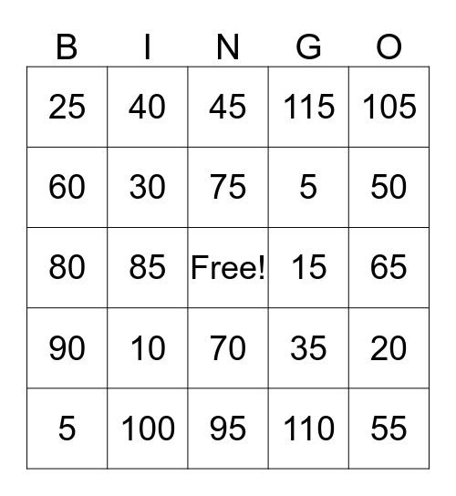 Multiplication by 5's Bingo Card