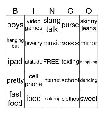 Teen  Girl Bingo Card