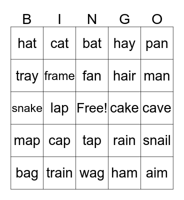 Letter /a/ Vowel Sounds Bingo Card