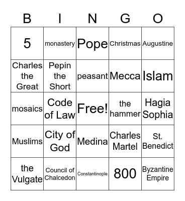 Middle Ages History Bingo Card