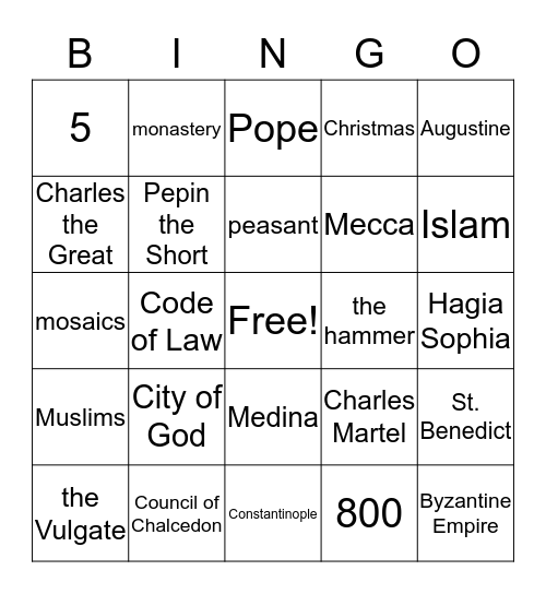 Middle Ages History Bingo Card