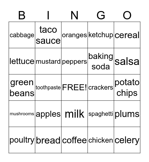 Grocery Words Bingo Card