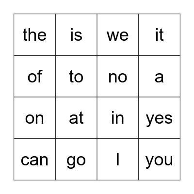 sight words Bingo Card