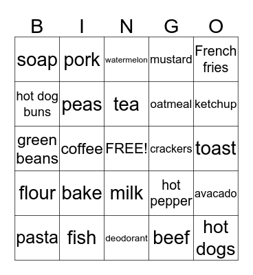 Grocery Words Bingo Card