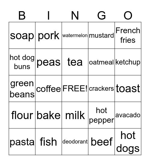 Grocery Words Bingo Card