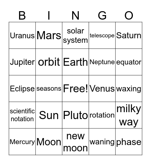 Solar System Bingo Card