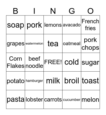 Grocery Words Bingo Card