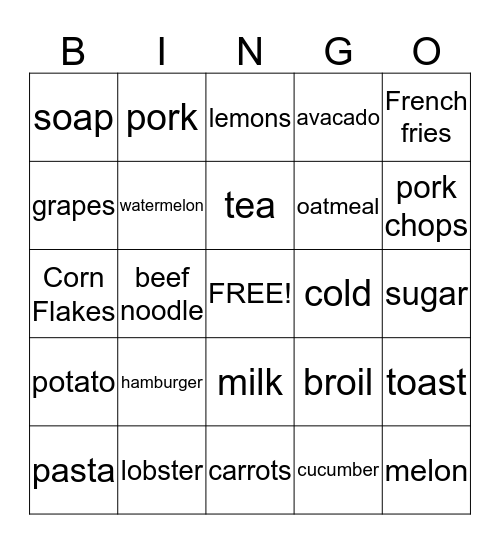 Grocery Words Bingo Card