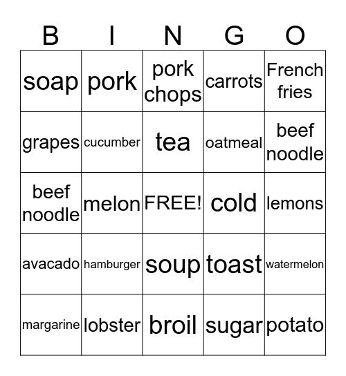 Grocery Words Bingo Card