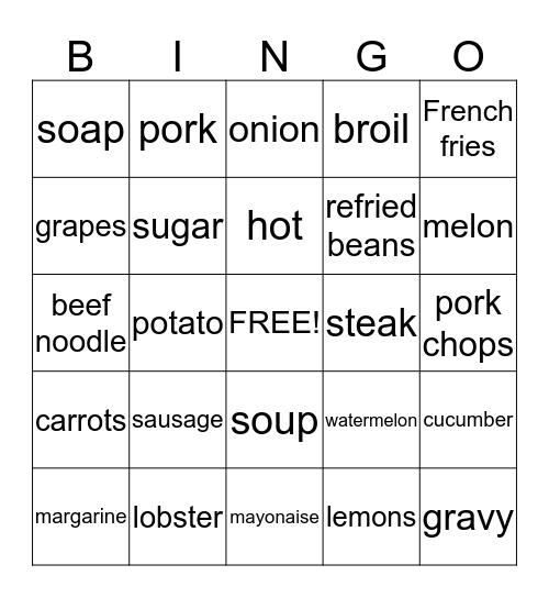 Grocery Words Bingo Card