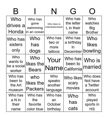 Getting To Know You Bingo Card