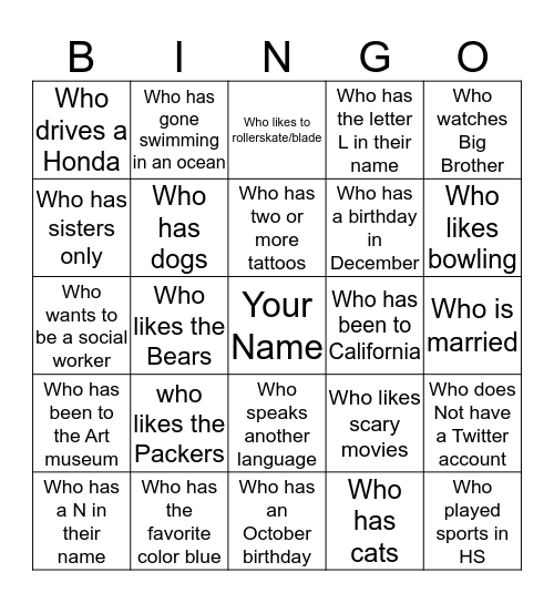 Getting To Know You Bingo Card