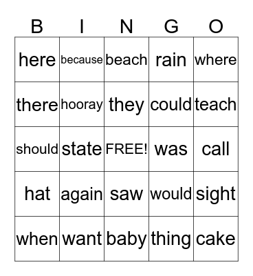 Sight Word / Word Family / Other Rules Bingo Card