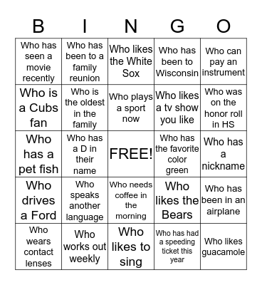 Getting To Know You Bingo Card