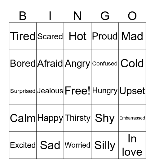 Feelings/ Emotions Bingo Card