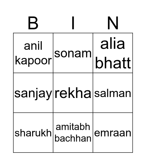 Bollywood Bingo Card