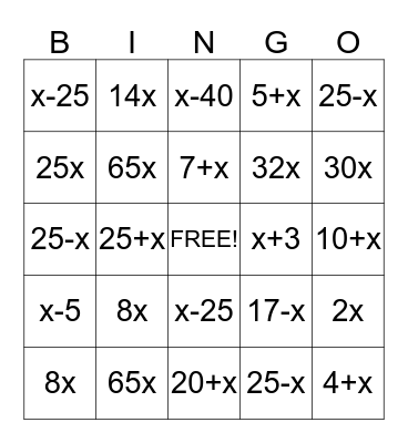 English to Math Review Bingo Card