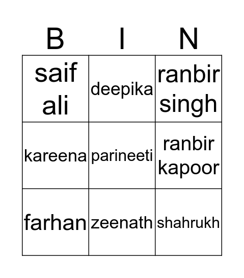 Bollywood Bingo Card