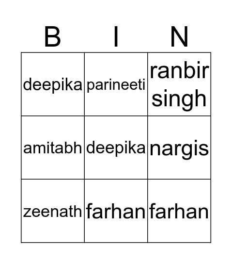 Bollywood Bingo Card