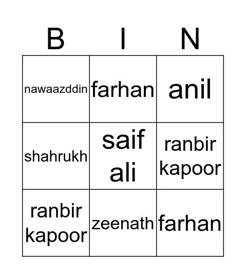 Bollywood Bingo Card