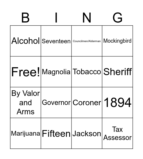 Unit #2: Mississippi Local Government, Teens and the Law, & Geography Bingo Card