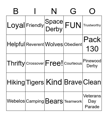 Cub Scouts Bingo Card