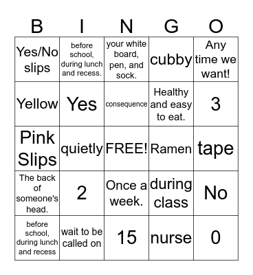 Beginning of the Year Bingo Card