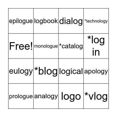 Word Root "log" Bingo Card