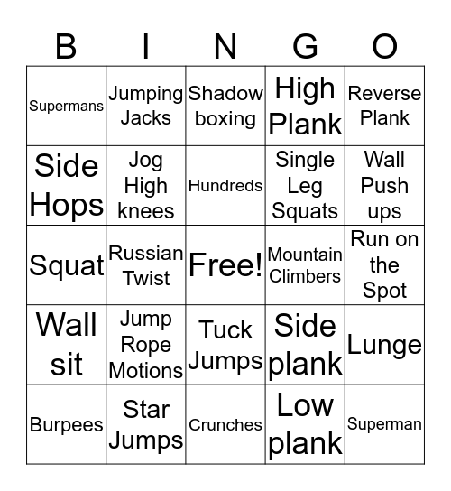 Fitness Bingo - PDST Style  Bingo Card