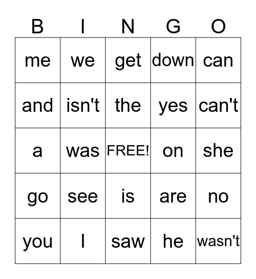 Sight Word Bingo Card