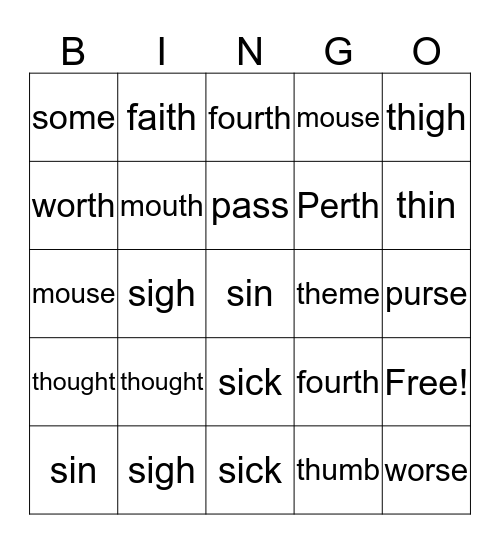 'th' vs 's' Bingo Card