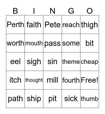 'th' vs 's' Bingo Card