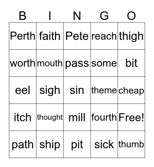 'th' vs 's' Bingo Card