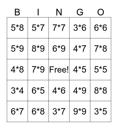 Multiplication Bingo Card