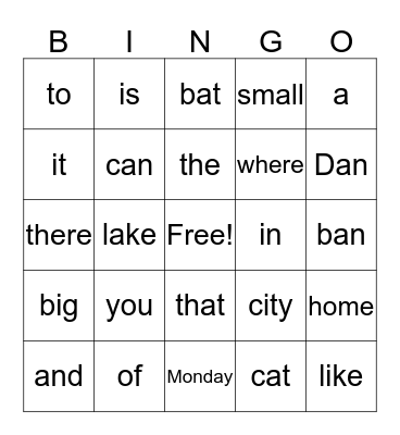 Reading Words Bingo Card