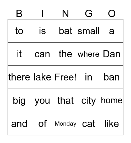 Reading Words Bingo Card