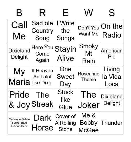 Boondocks Brews, Beats & Bingo Card