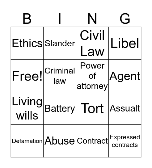 Legal & Ethics Bingo Card