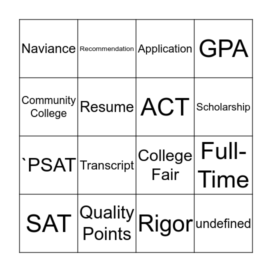 College Bingo Card